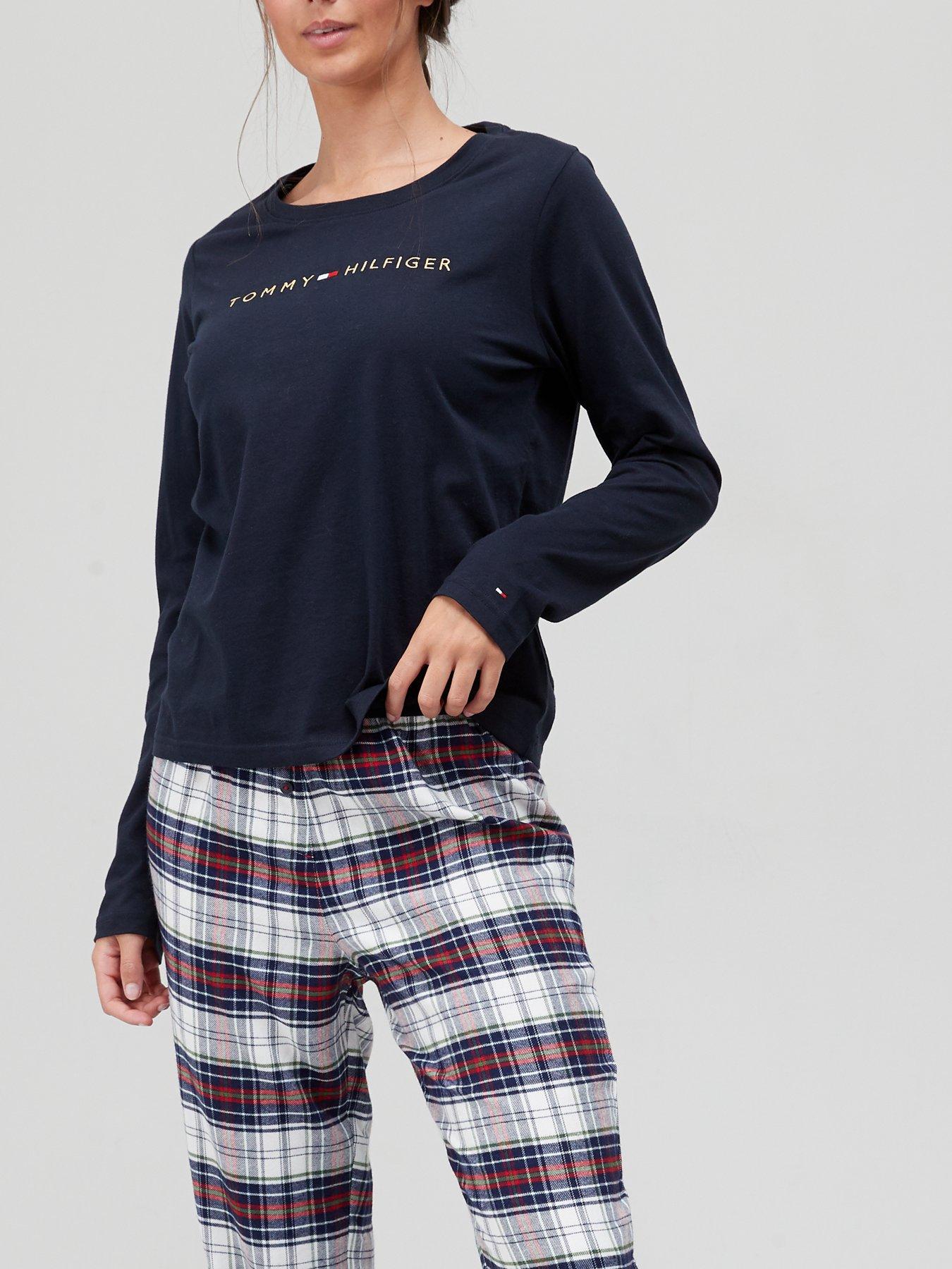 tommy hilfiger organic cotton check long pyjama set in navy