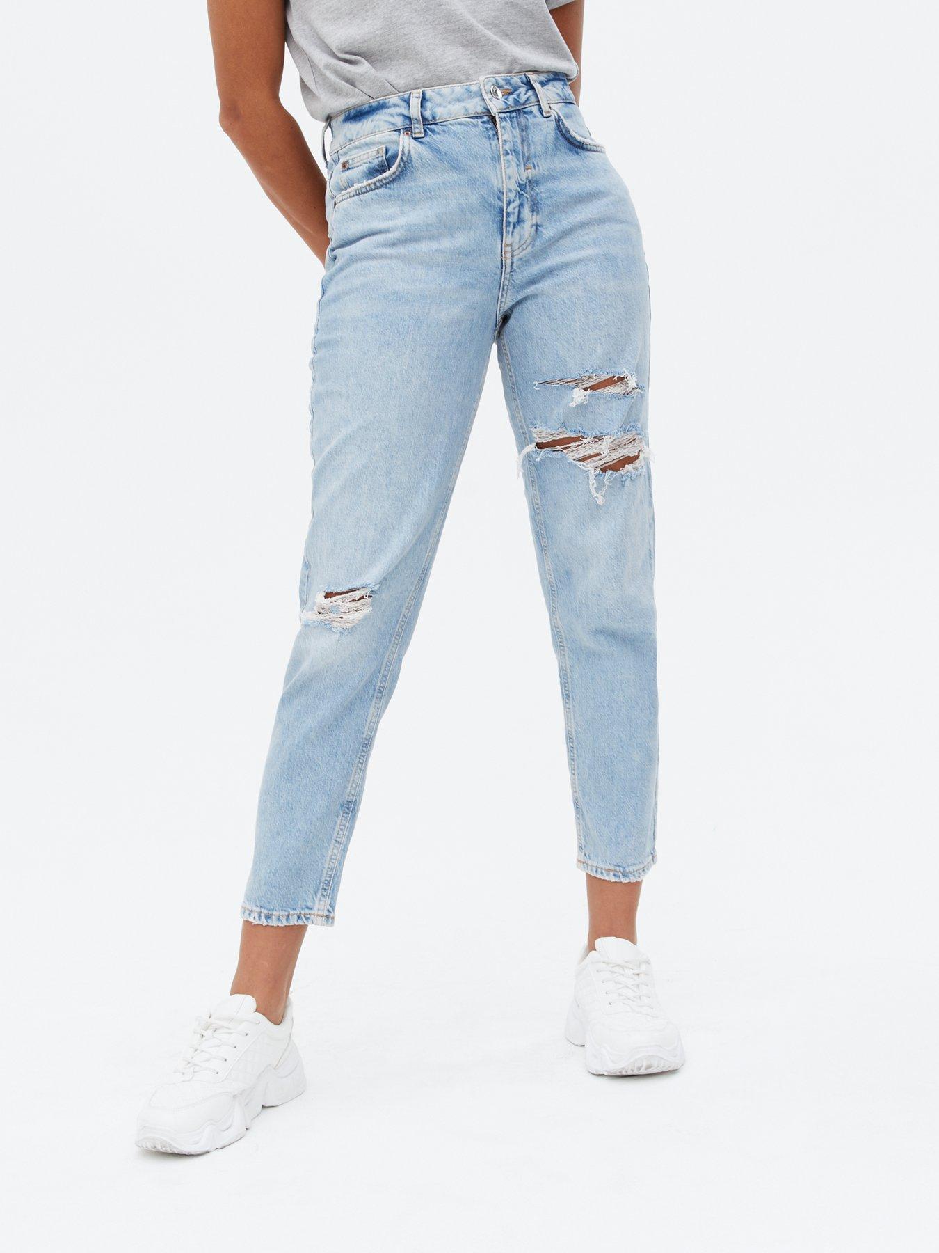 blue ripped high waist tori mom jeans