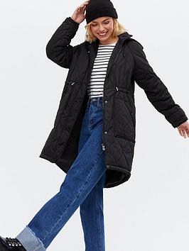 new-look-quilted-drawstring-long-parka-coat-black