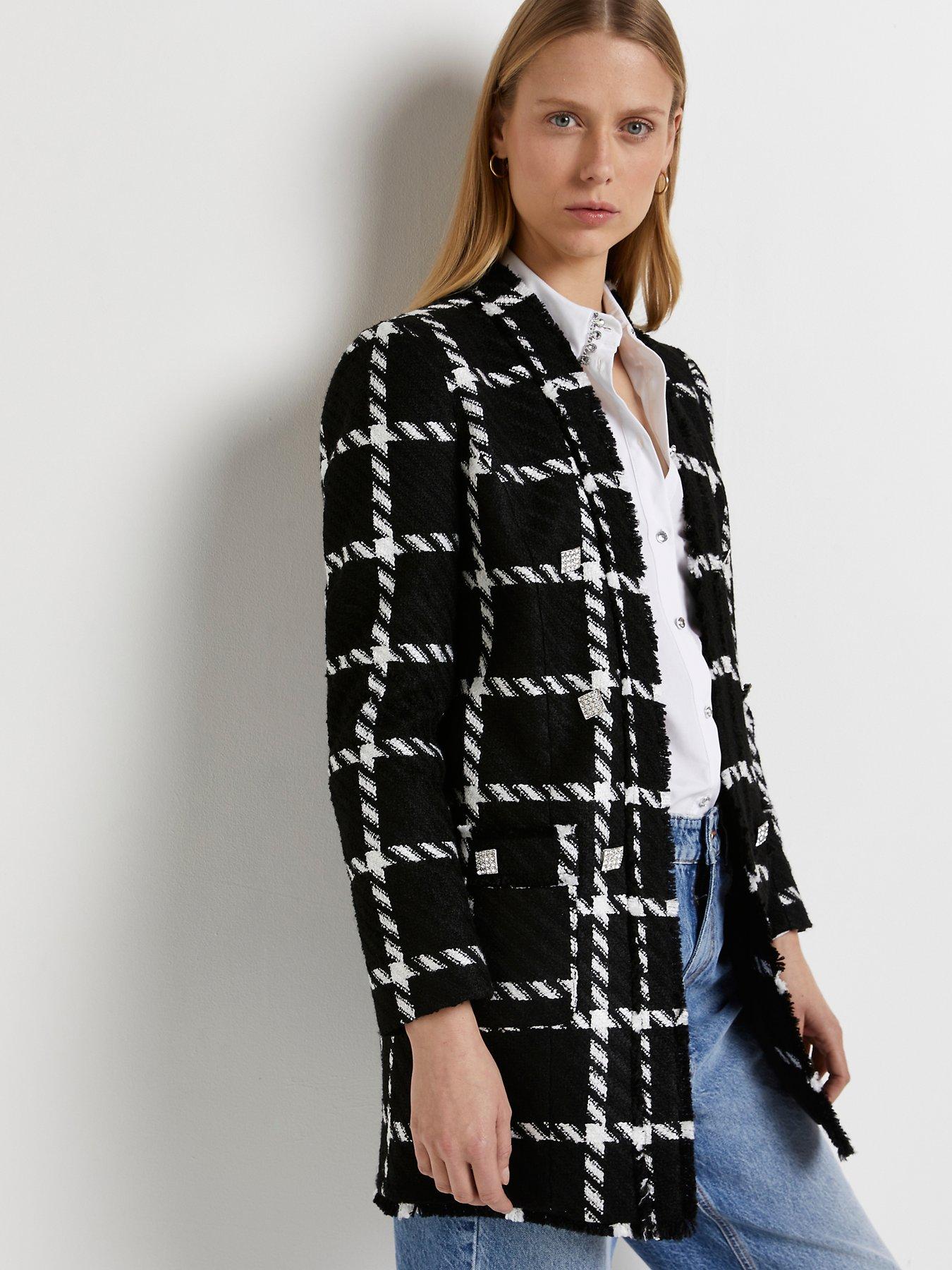 river island black and white check coat