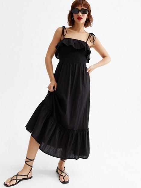 new-look-linen-look-shirred-frill-strappy-tiered-midi-dress-black