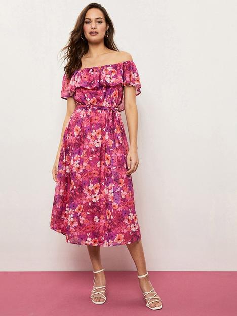 wallis-floral-off-shoulder-dress-pinkfloral-print