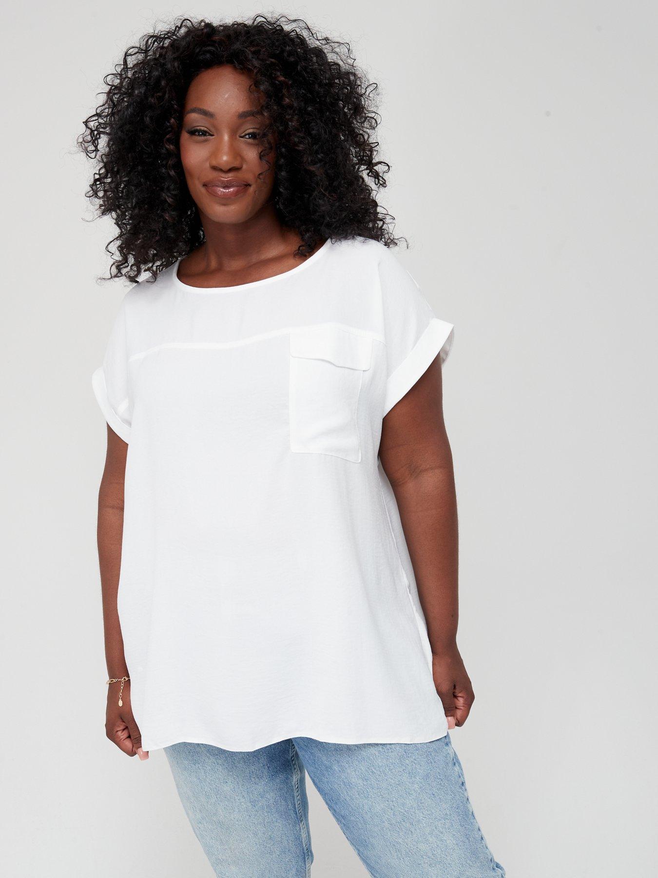 FarJing Plus Size Women Fashion Casual V-Neck Button Pocket Three Quarter Sleeves Blouse Shirt Tops 