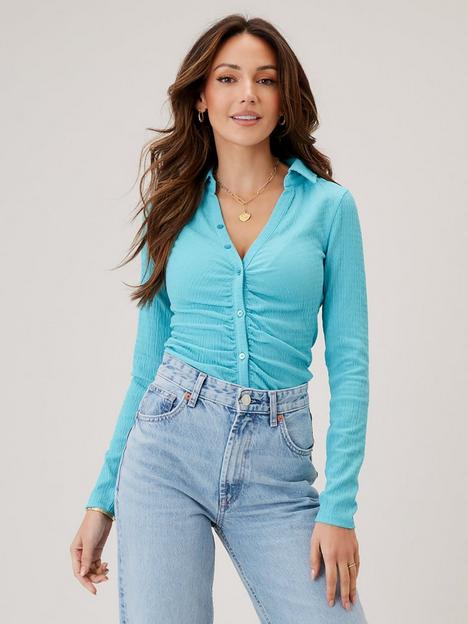michelle-keegan-ruched-front-shirt-blue