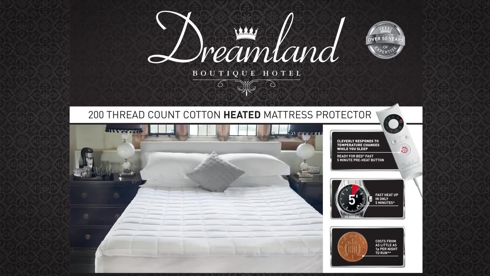 16703 Dreamland Boutique Hotel 200 Thread Count Cotton Percale Electric Mattress Protector Superking 200x180cm 2 Controls